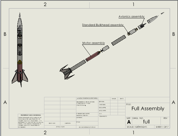 SolidWorks full assembly drawing with assembled and exploded views of the rocket.